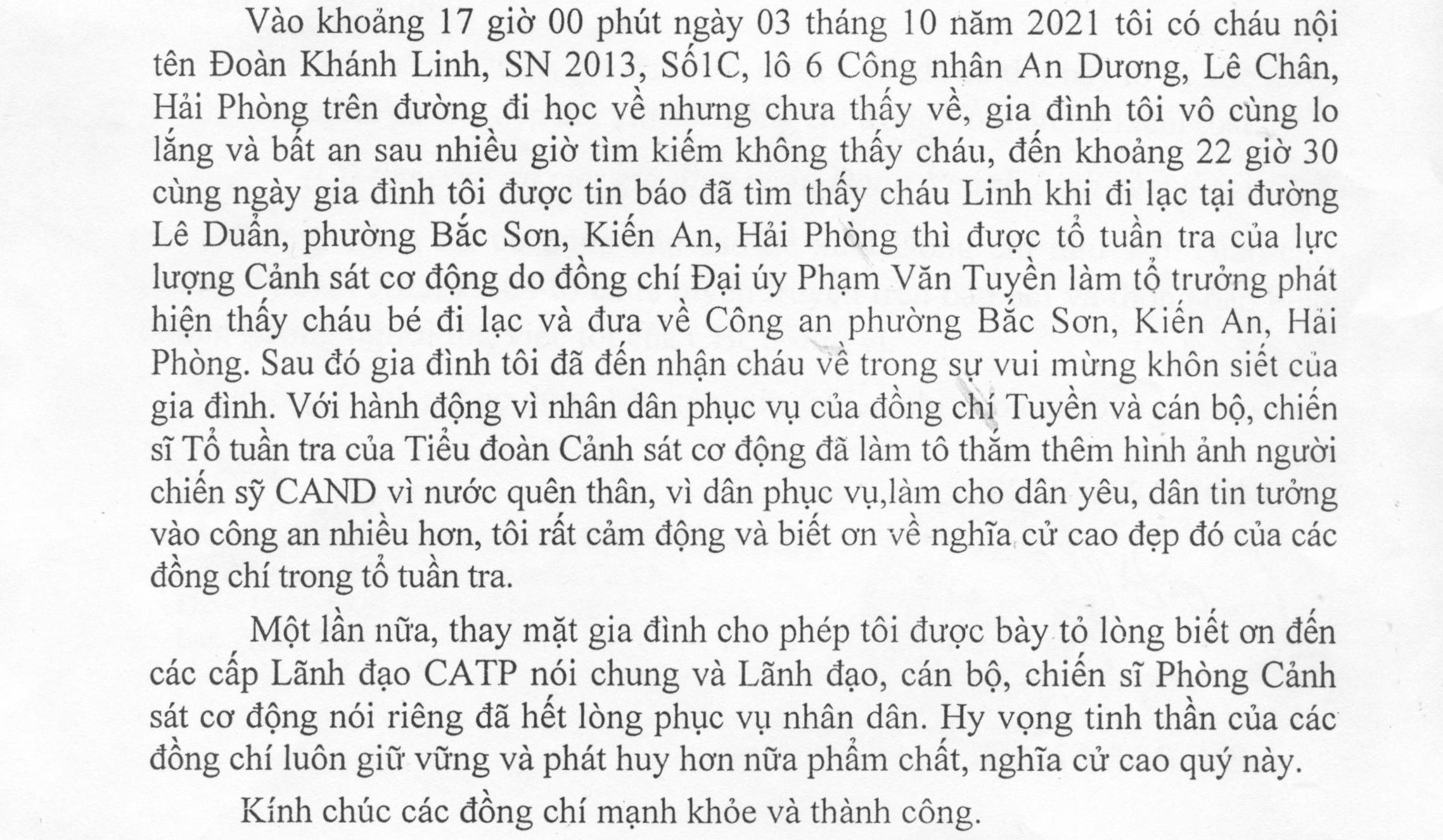 Ông Đoàn Hồng Quân (quận Lê Chân) gửi thư cảm ơn